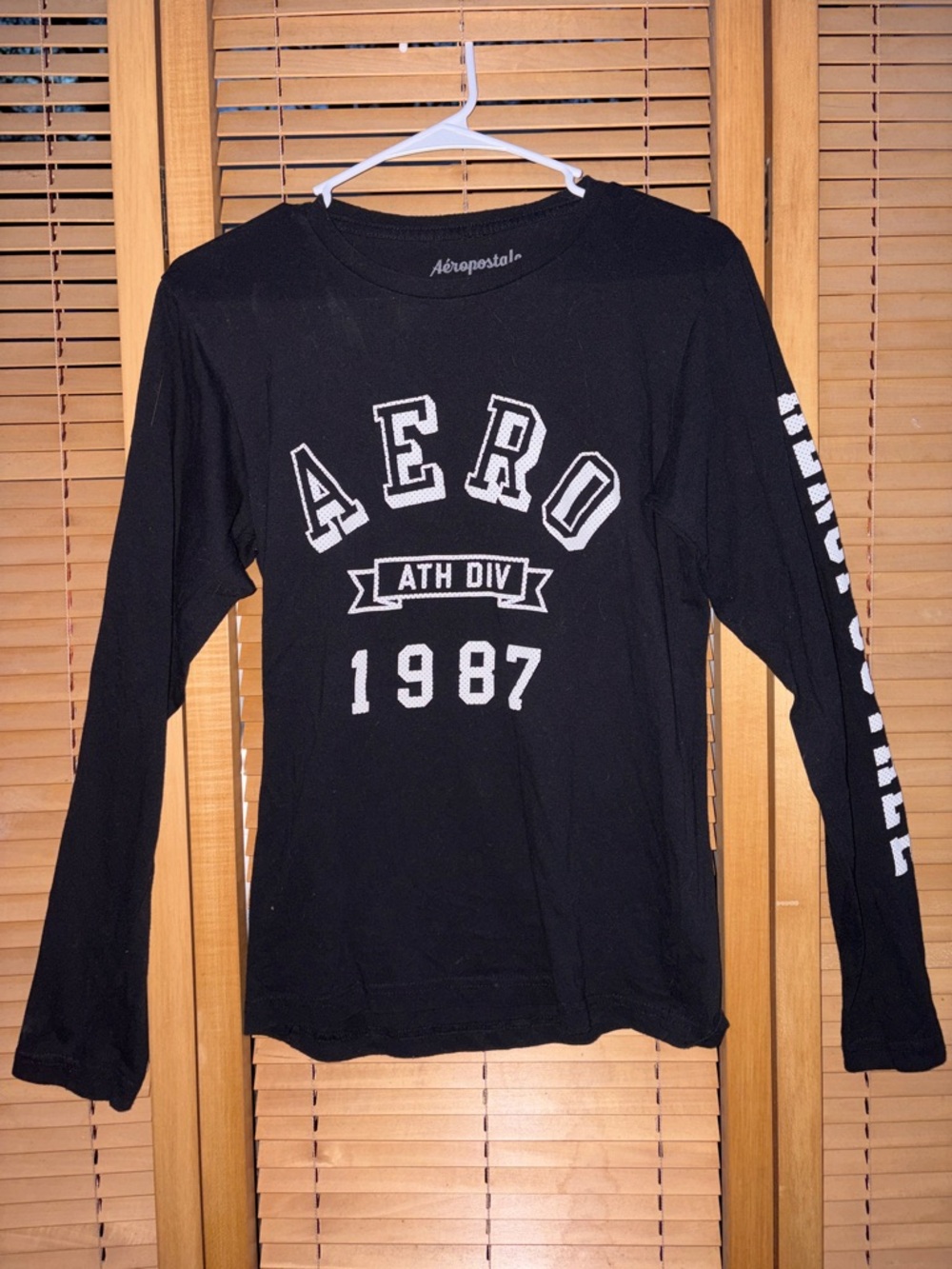 Aeropostale Black Long Sleeve Graphic Shirt with White Sleeve Text